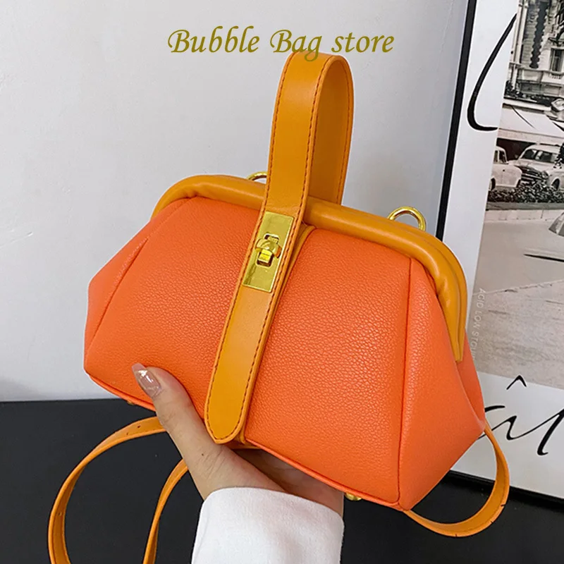 2024 Luxury Designer Women Orange PU Leather Small Handbag Silver Shell Clip Bag Female Gold Blue Crossbody Bags Shoulder Bags