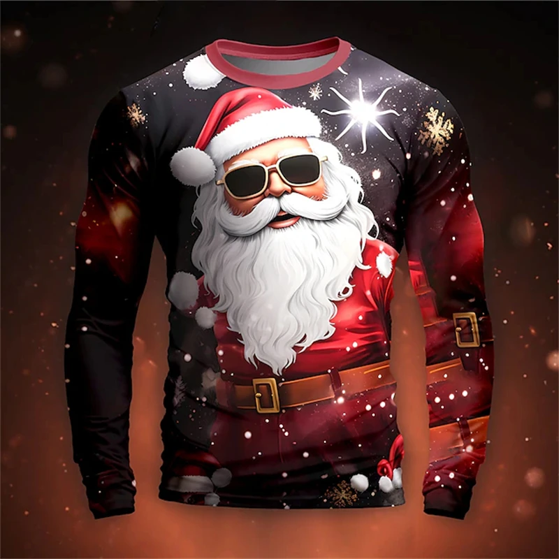 Camiseta de Navidad de manga larga para hombres y mujeres Tops casuales rojo deslumbrante patrón de Santa Claus para hombres otoño camiseta de Navidad