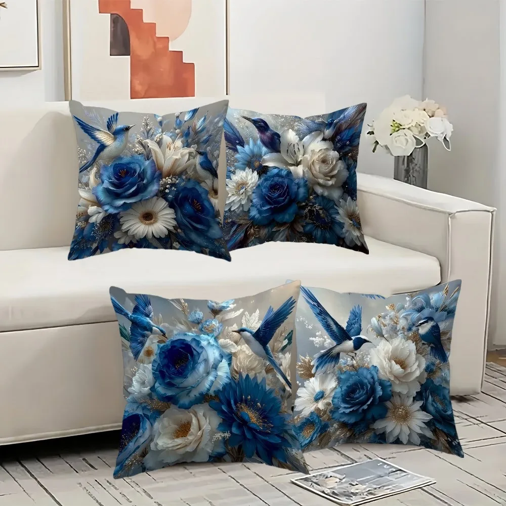 

Luxury Blue Floral & Hummingbird Pillowcases: Elegant Home Decor Pillow Covers