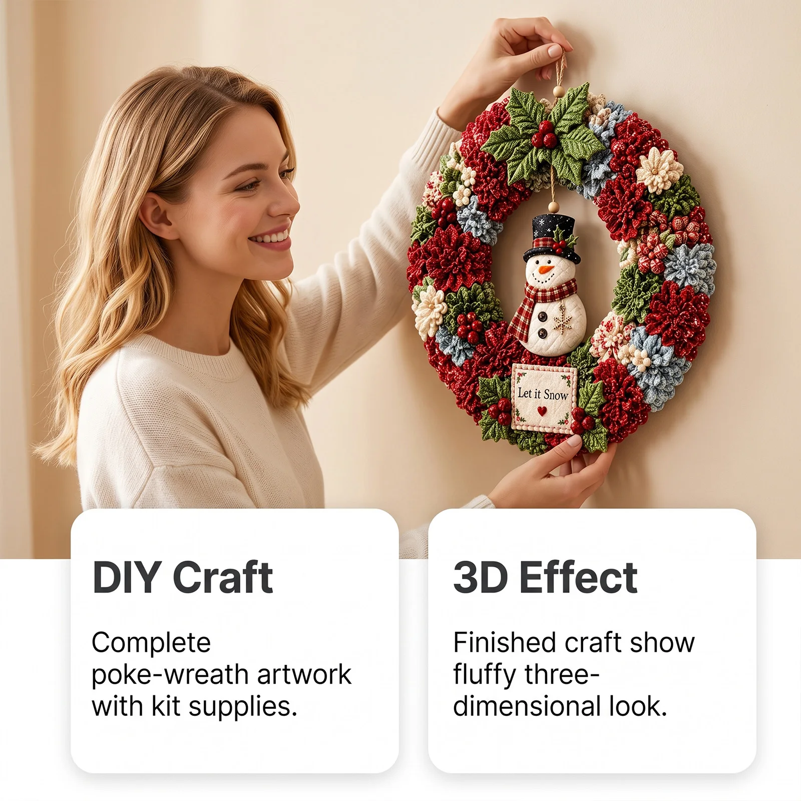 3D Punch-Nadel-Kranz-Bastelset, sortiertes Baumwollgarn, für Anfänger, DIY, Weihnachts- und Heimdekoration, Wandbehang, Ornamente, Geschenkset für die Feiertage – Detail 4