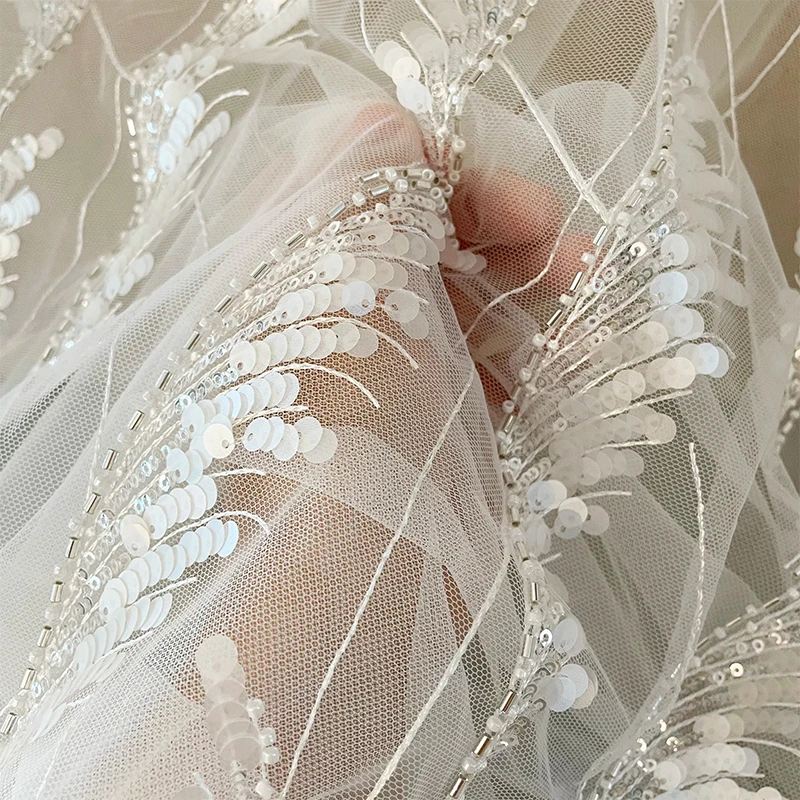 Off White Beaded Sequin Tube Geometric Stripe Haute Couture Tulle Lace Fabric Wedding Dress Bridal Gown Evening Clothes DIY