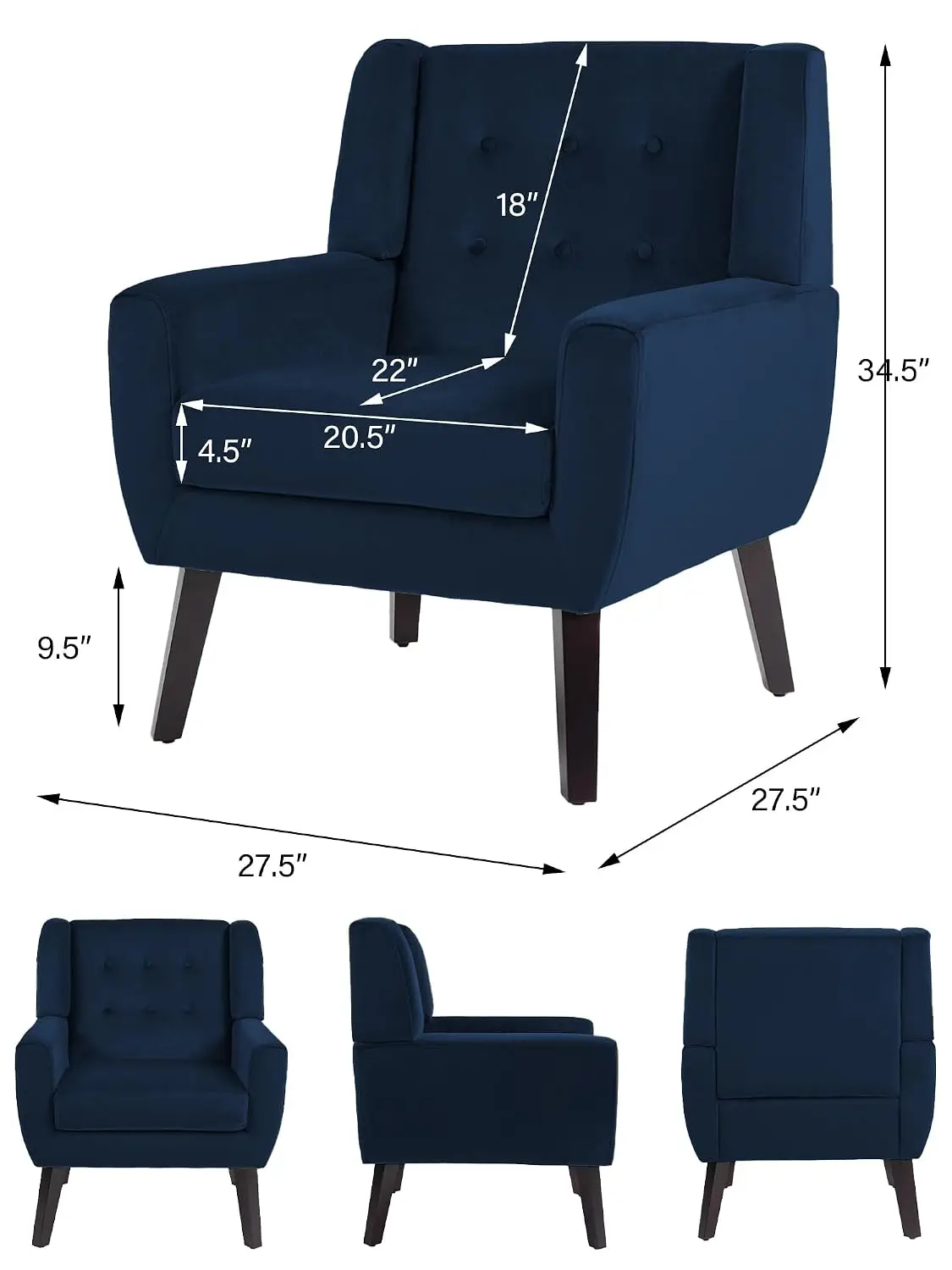 Comfy Reading Armchair Accent Chair Royal Blue Set of 2, Customized view 2