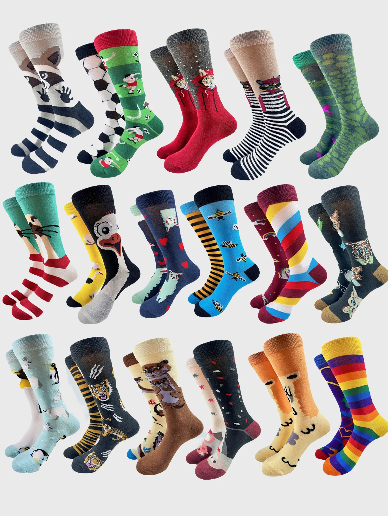 

Design Funny Socks Men 2025 New Hip Hop Harajuku Animal Cat Tiger Penguin Honeybee Print Asymmetric Men's Skateboard Socks ﻿