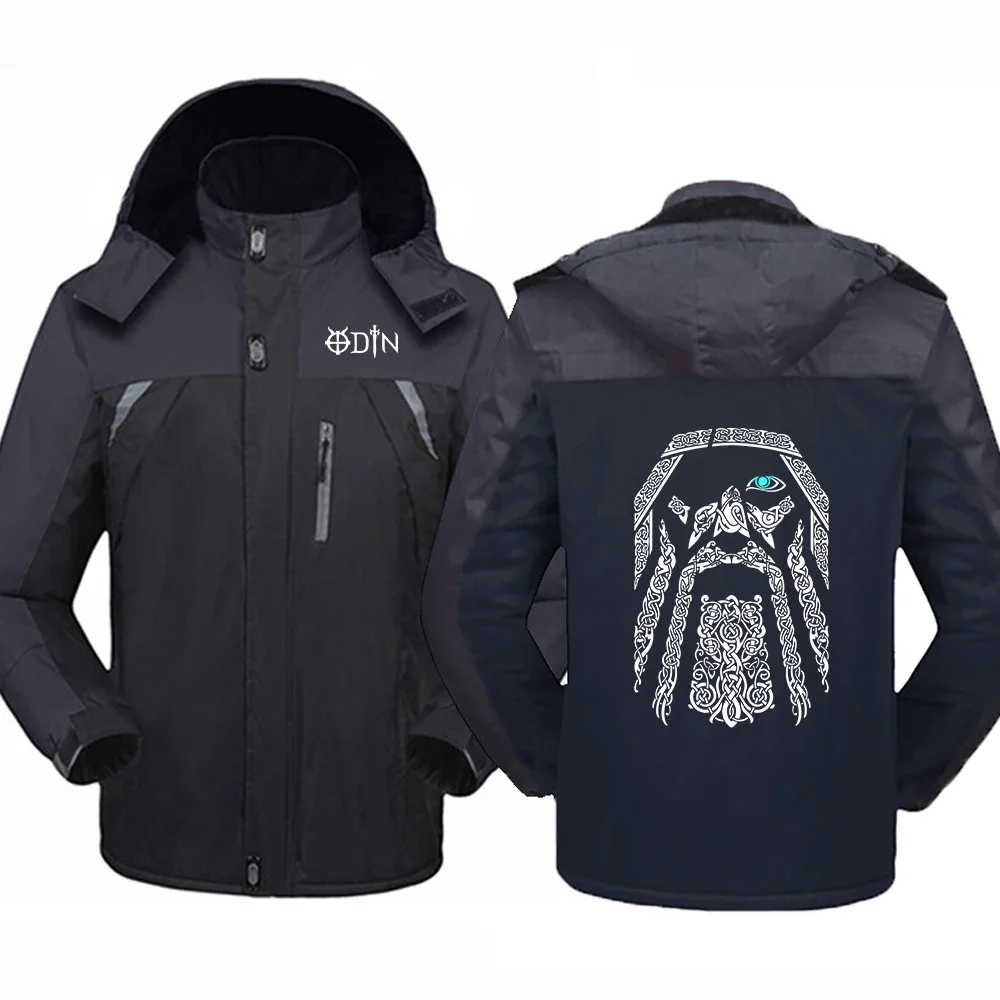 2024 Autumn Winter Men's Vikings Odin Warrior Legend Logo Printed Thickened Warm Outdoor Detachable Hooded Zip Windbreaker Coats