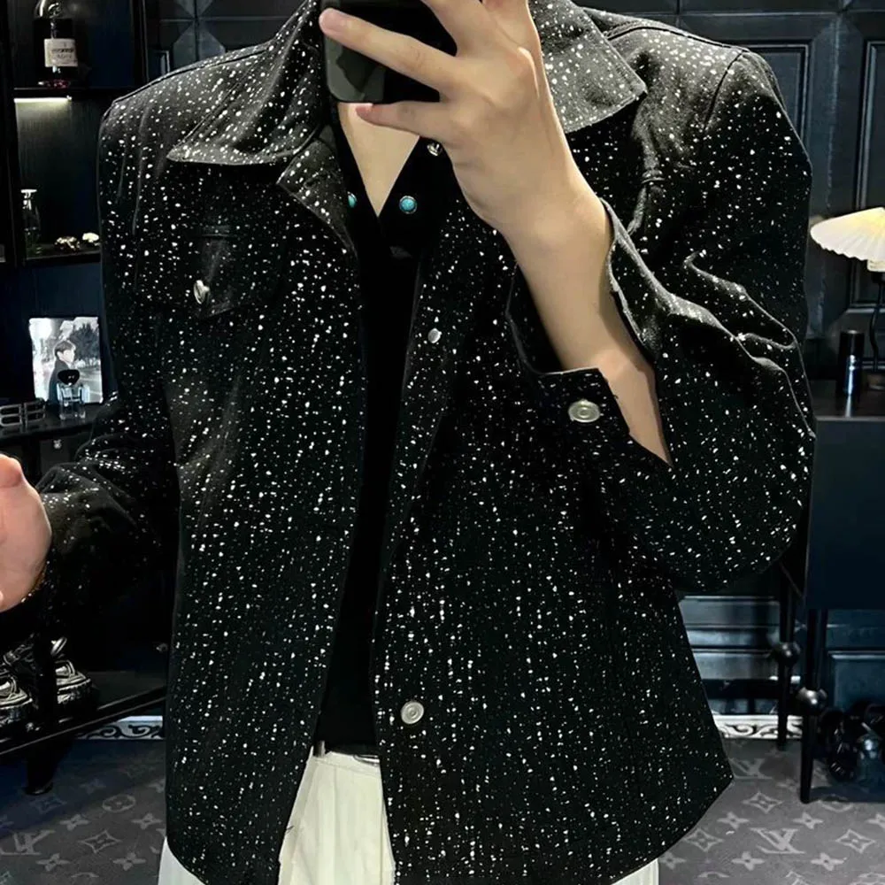 

Mens Denim Jacket Hot Stamping Shining Shoulder Pads Streetwear Fashion Nightclub Stage Performance Jacket Men'S Clothing 2025