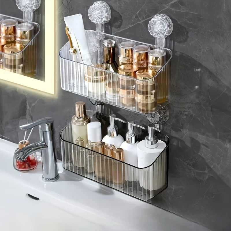 

Настенная полка для хранения в ванной комнате с одной присоской, простая установка, экономия места, не требует сверления, для хранения над раковиной.