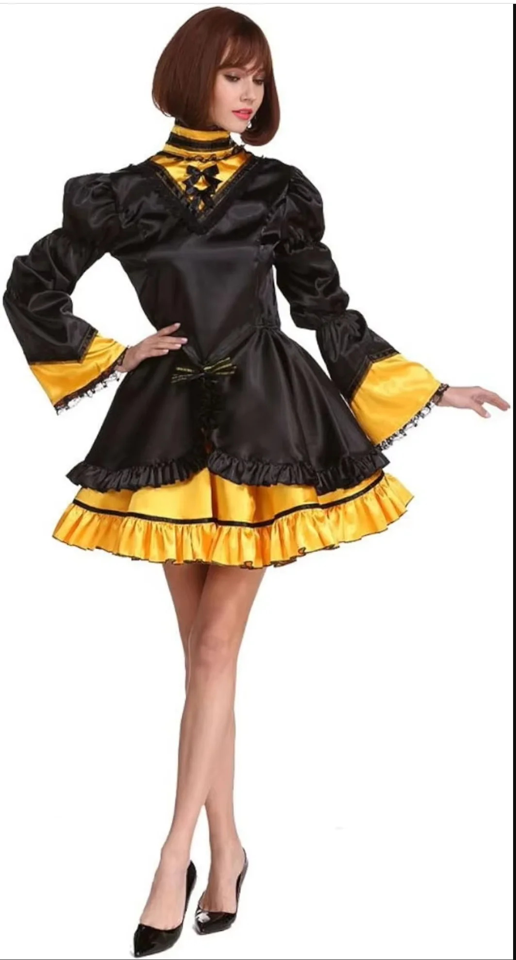 

Black Patchwork Yellow Satin Medium Neckline Long Sleeved Flared Cuffs Double Layered Skirt Hem Bow Decoration Dress