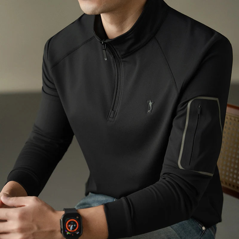 Designer brand half zipper men sweatshirt autumn new fashion Korean style leisure exquisite embossed golf stand collar pullover