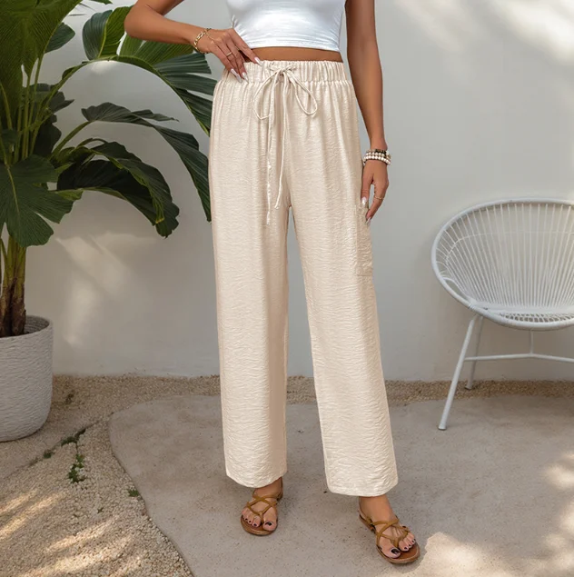 

Summer High Waisted Side Pocket Elastic Waist Pants for Women's Casual Straight Leg High Waisted Solid Color Drawstring Pants