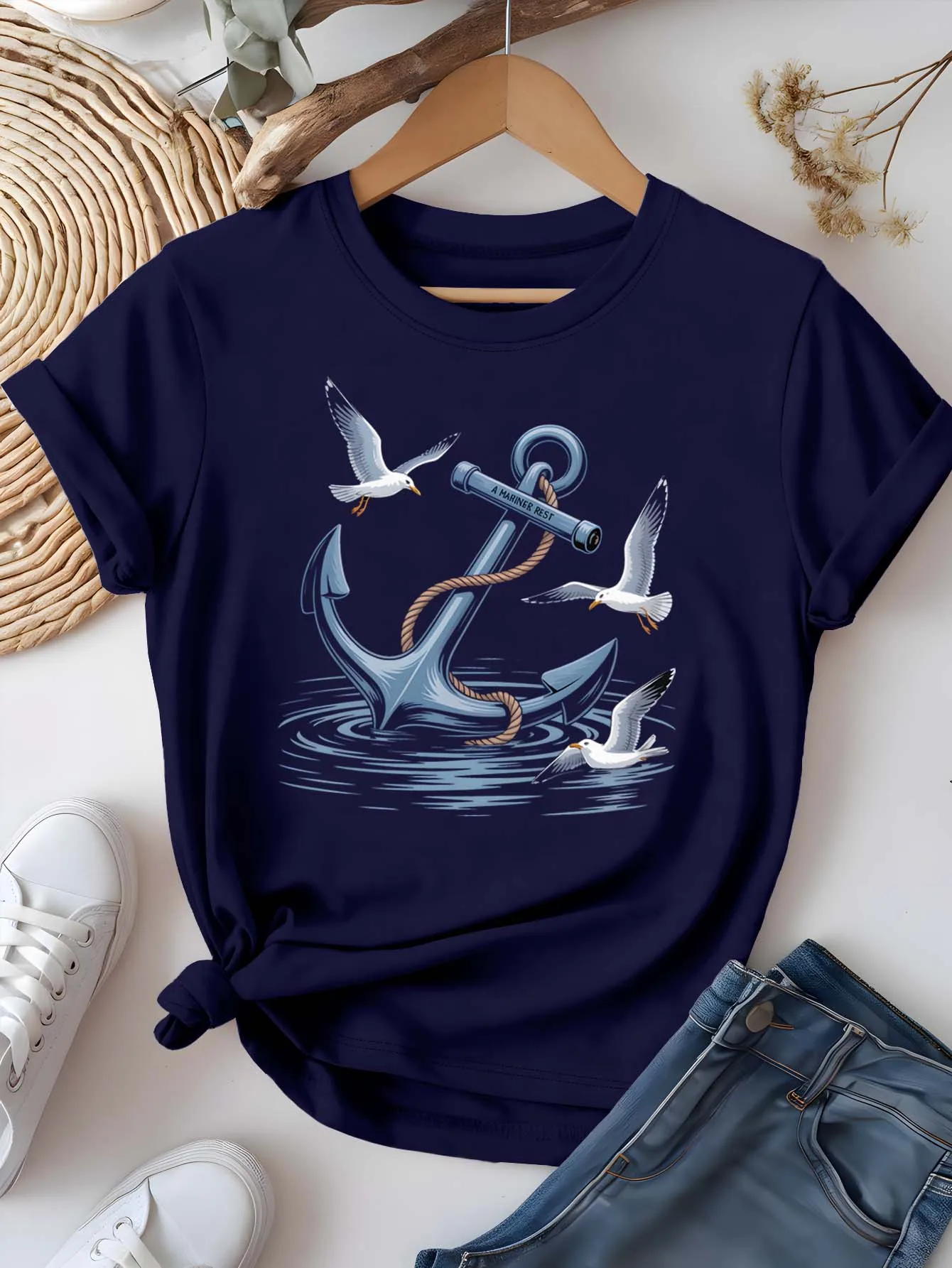 

Plus Size Nautical Anchor Seagulls Graphic Chic Coastal Inspired Summer Short Sleeve Tee