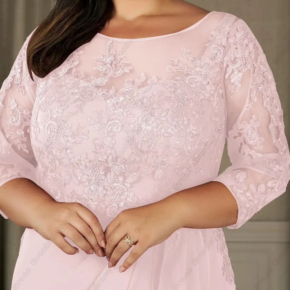 Modern Plus Size Pink Mother of Bride Dresses for Women Three Quarter Wedding Party Dresses  with Lace Beach Chiffon Robe De New