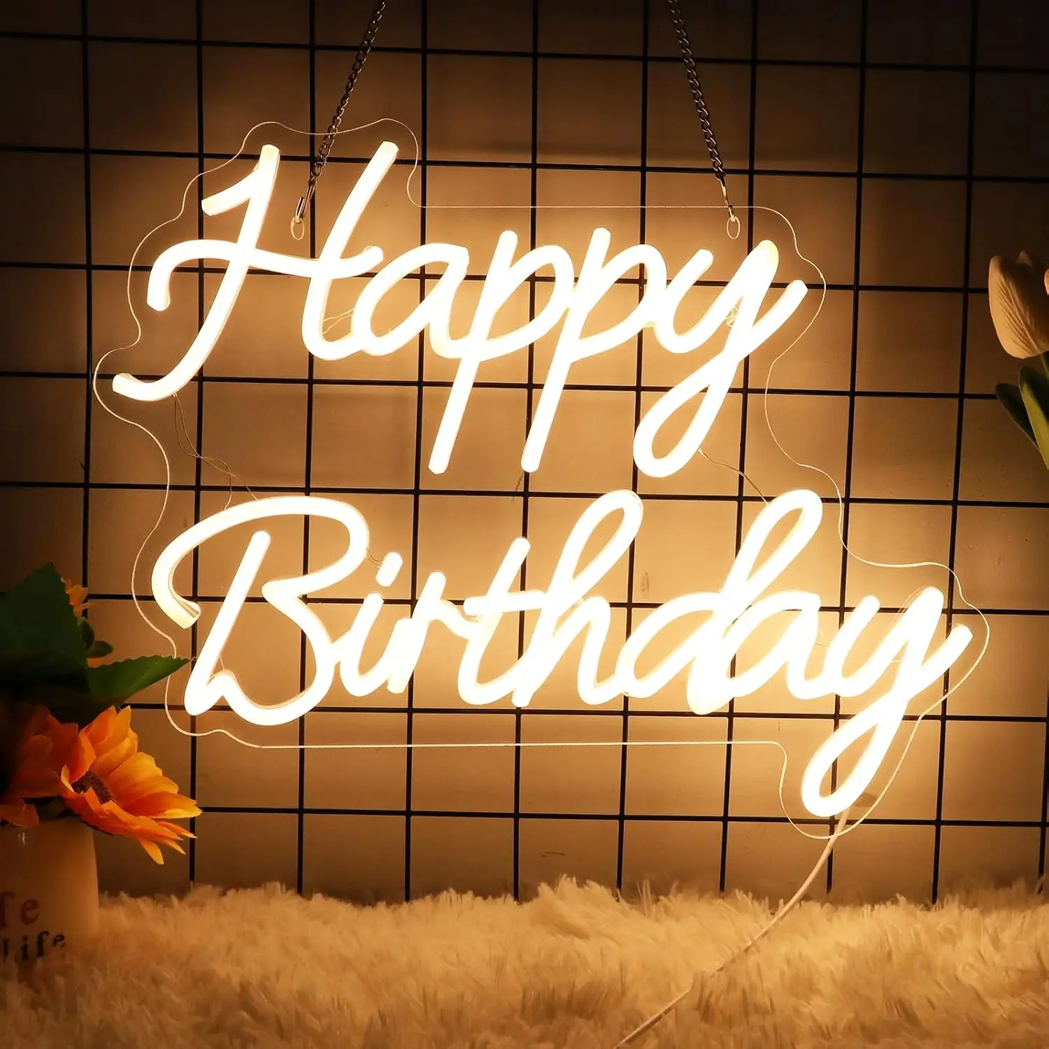 Happy Birthday Neon Sign,LED Neon Light Sign for Birthday Party Wall Decor Bedroom Room USB Powered Gift Warm White