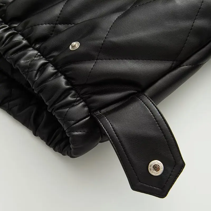 Jaket kulit PU motif kotak-kotak berkerah pendek bergaya modern untuk wanita, koleksi musim gugur dan musim dingin 2025, berbahan katun dan berlapis.