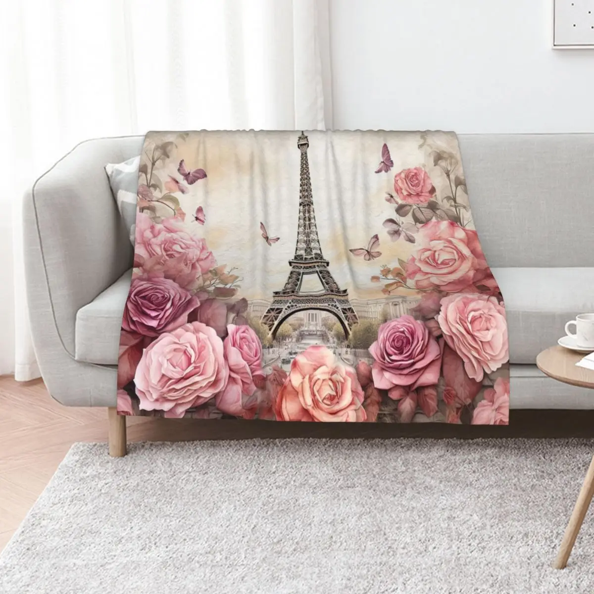 Vintage Eiffel Tower Paris with pink roses Throw Blanket wednesday Loose blankets and throws Retros Heavy funny gift Blankets