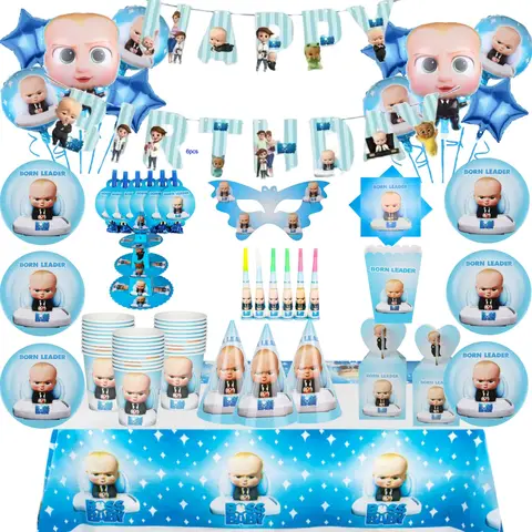 High-Quality Baby Boss Boy Birthday Party Balloon Decoration Tableware Set Baby Shower Background Mask Hat Complete Celbration