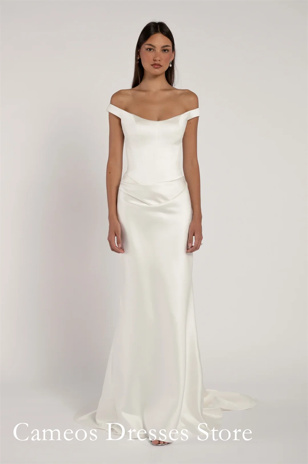 Silk Satin Off Shoulder Mermaid Wedding Dress Short Sleeves Photography Bridal Gown Floor Length Formal Wedding Dress For Women
