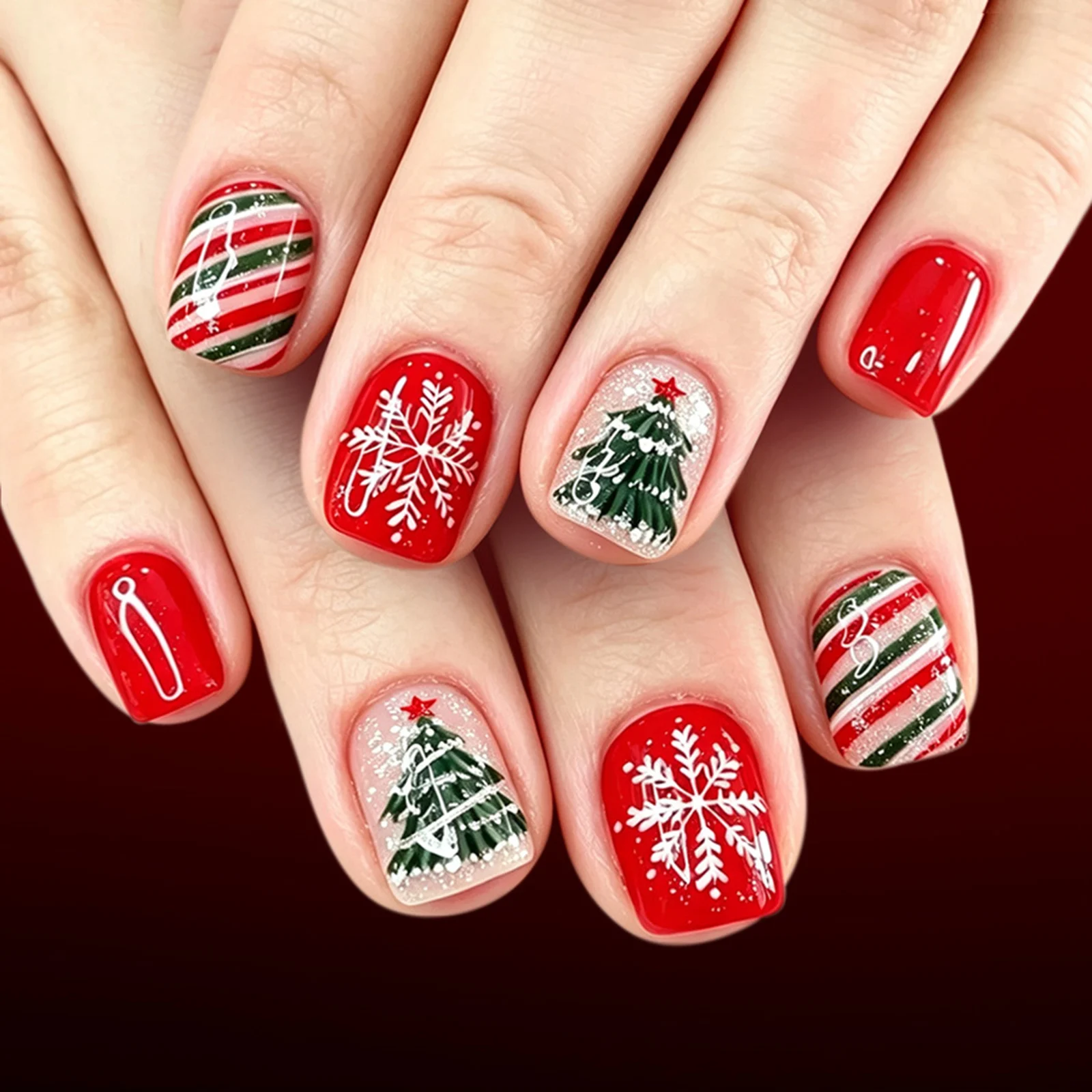 Easy-Apply Press On Nails Glossy for Christmas Parties 48pcs Green Oval Resin French Tips with 3D Bows Glitter Design
