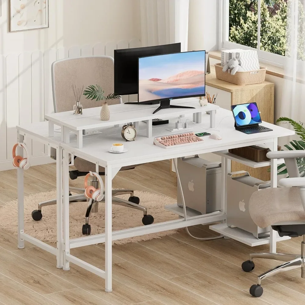 White Desk with Power Outlets and LED Lights, Gaming Desk with Shelves and Fabric Drawer, Reversible Study Table