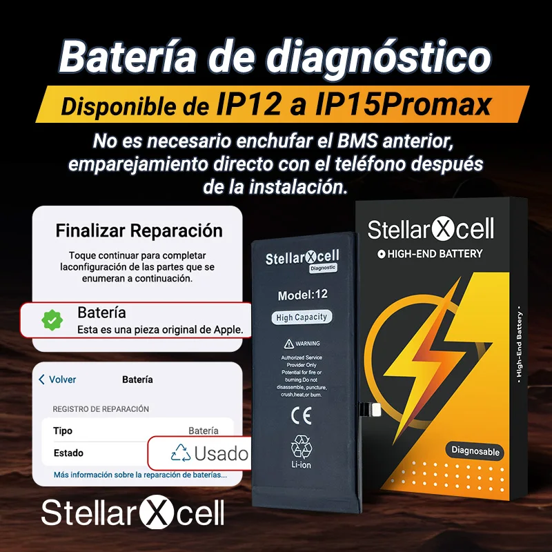 La batería de diagnóstico StellarXcell muestra la pieza genuina sin mensaje emergente para el reemplazo de la batería iphone 12mini 13Pro 14Plus 15Promax