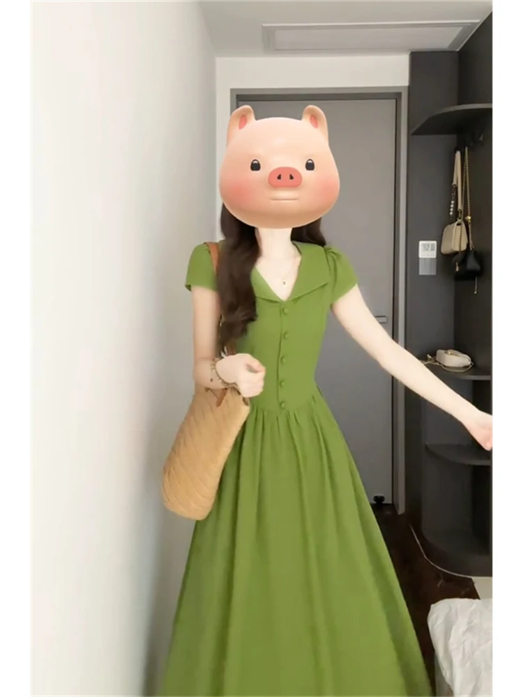 ヴァイオン・スレ カラー レディース ドクター・フリル サマー2025 ハイウエスト Aライン ニット オルト・スヴェ Vネック シングルボタン