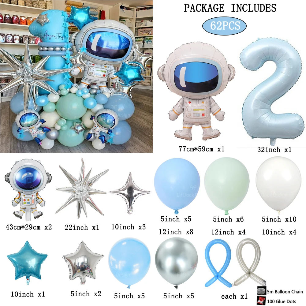 62pcs Outer Space Theme Party Astronaut Balloon 1-9Number Foil Balloons Boy Birthday Party Decorations Kids Baby Shower Gift