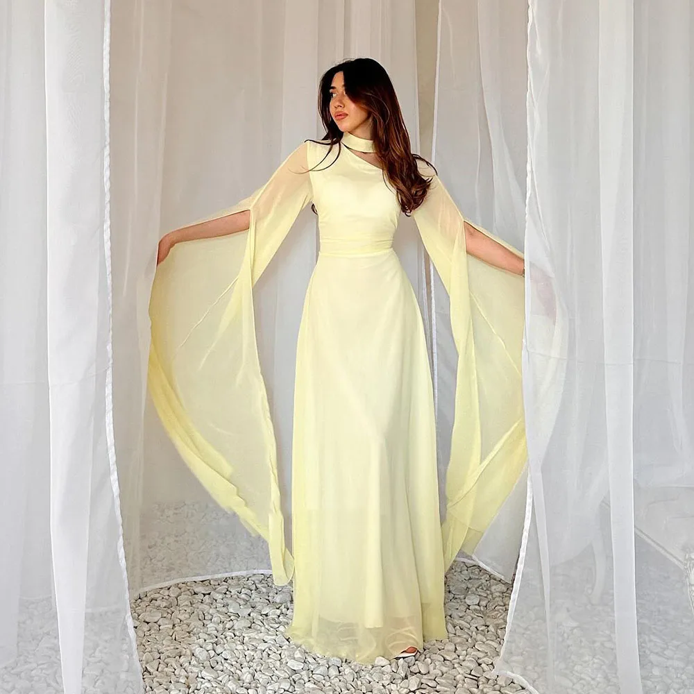 

Msikoods Yellow Formal Evening Gown 2025 Chiffon Party Dress Cape Sleeve Ruched A Line Bridesmaid Dress Prom Dress Customized