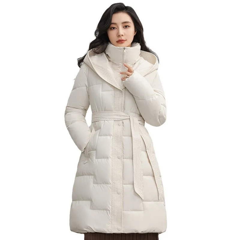 Hooded Women Parkas Coat Long Overcoat Solid Waist Tie Zipper Turn Down Collar Loose Thick Casual Office Lady Autumn Winter 2025