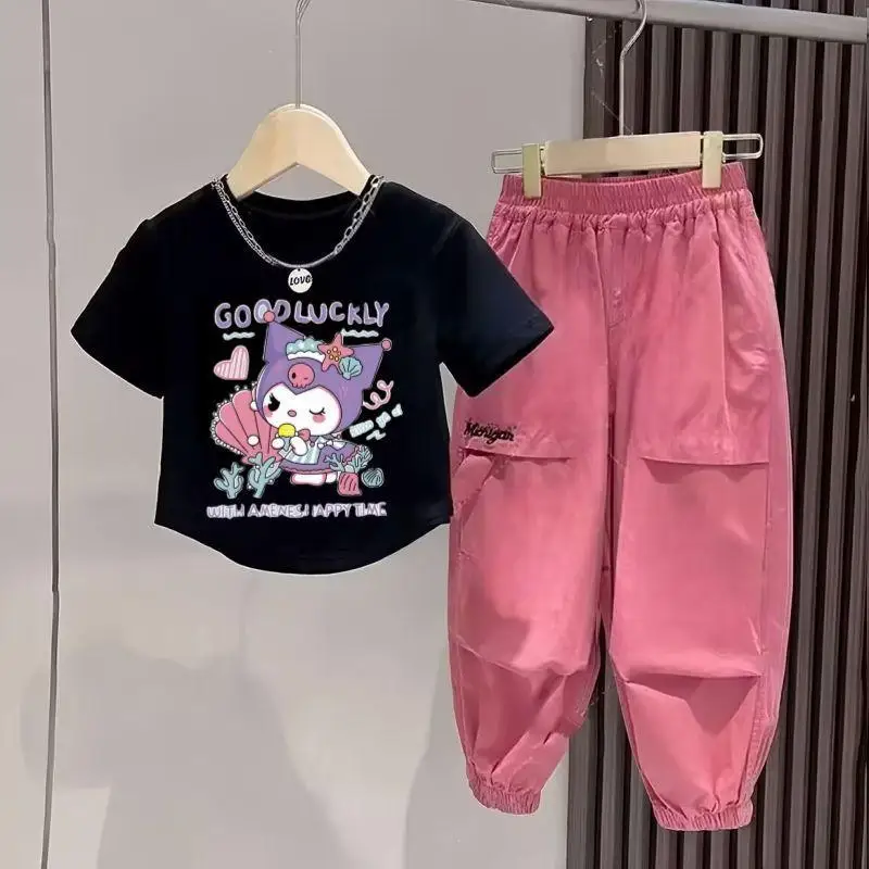 Anime Sanrios Kuromi Kids Sports Outfit Fashion Short Sleeve Pants Two Piece Cartoon T-Shirt Overalls Summer Thin Child Clothes