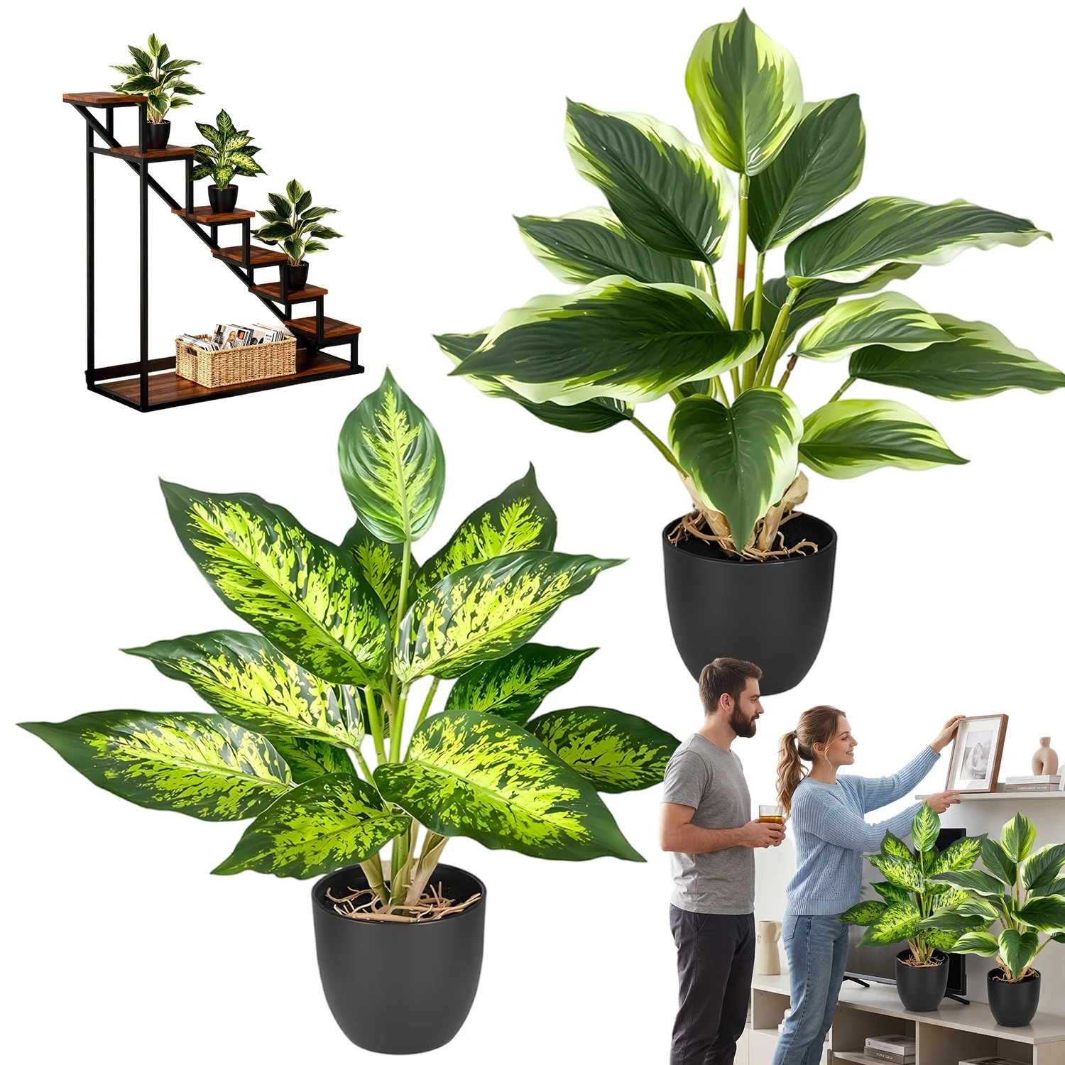 2 plantes artificielles en pot, 41 cm, pour rebord de fenêtre, étagère, bureau, buffet, salle de bain.