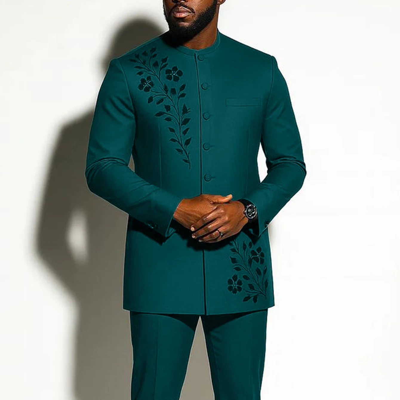 Conjunto de 2 Peças para Homens com Camisa de Manga Longa Bordada e Calças, Traje de Casamento Masculino, Vestuário Casual Étnico