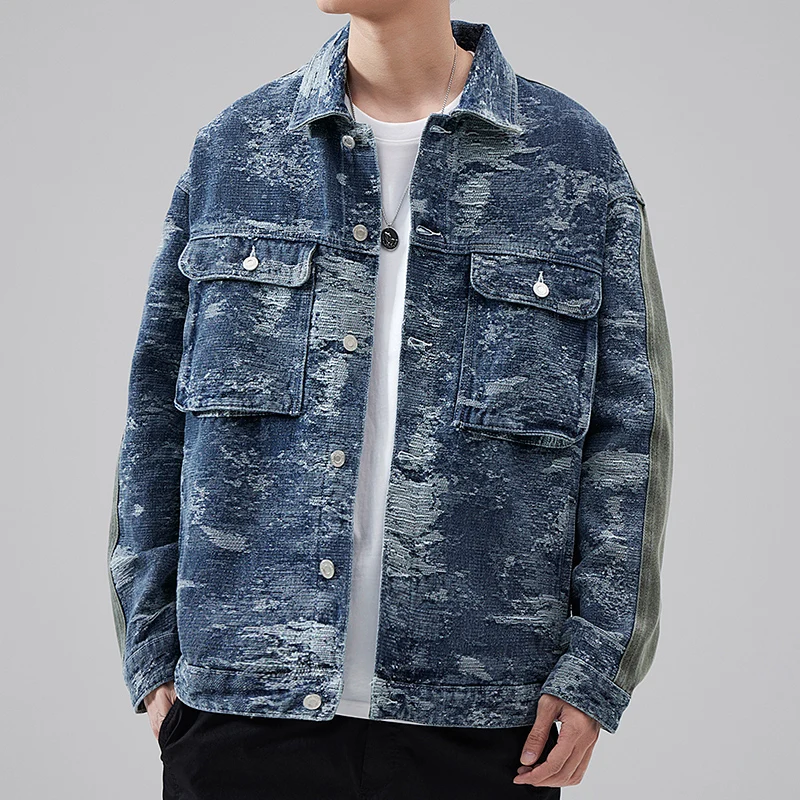 High-end personalized jacquard splicing American gangster handsome Tide men's jackets classic retro casual denim jacket