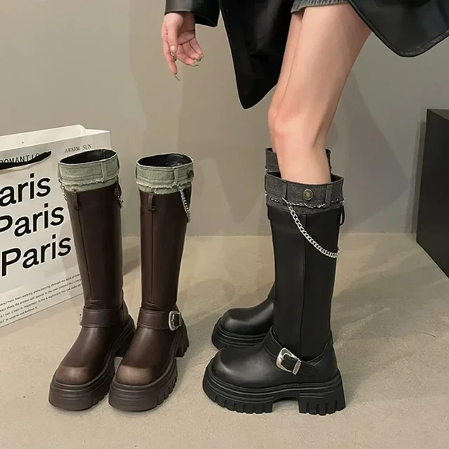 Winter Women Biker Boots Fashion Belt Buckle Ladies Elegant Platform Long Pipe Booties Casual Women s Knight Long Booties AliExpress