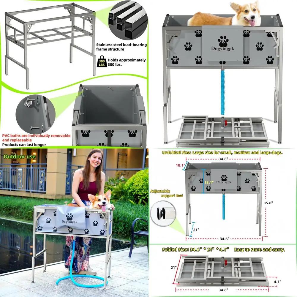 

Складная приподнятая ванна для собак со сливом, емкостью 300 фунтов, портативная душевая станция для мытья домашних животных для купания, ухода за маленькими, средними и