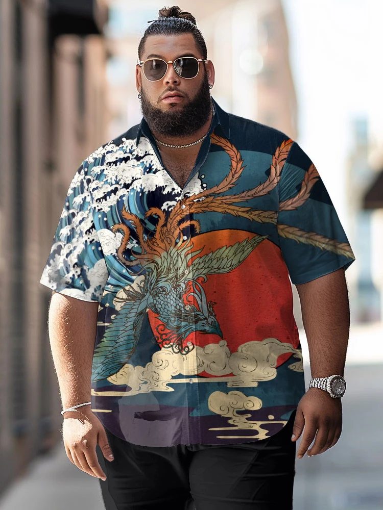 ZOOY (L-9XL) Men's Plus Size Chest 202cm Spring/Summer Koi Wave Pattern Printed Fashion Personalized Shirt Short Sleeve Top