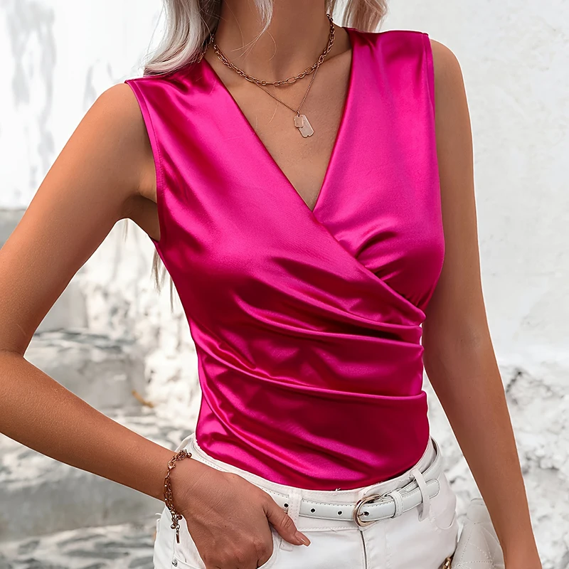 Camisetas sin mangas de satén tipo seda para mujer, camisetas básicas de color rosa de lujo, camisetas sin mangas sexis de verano para mujer,