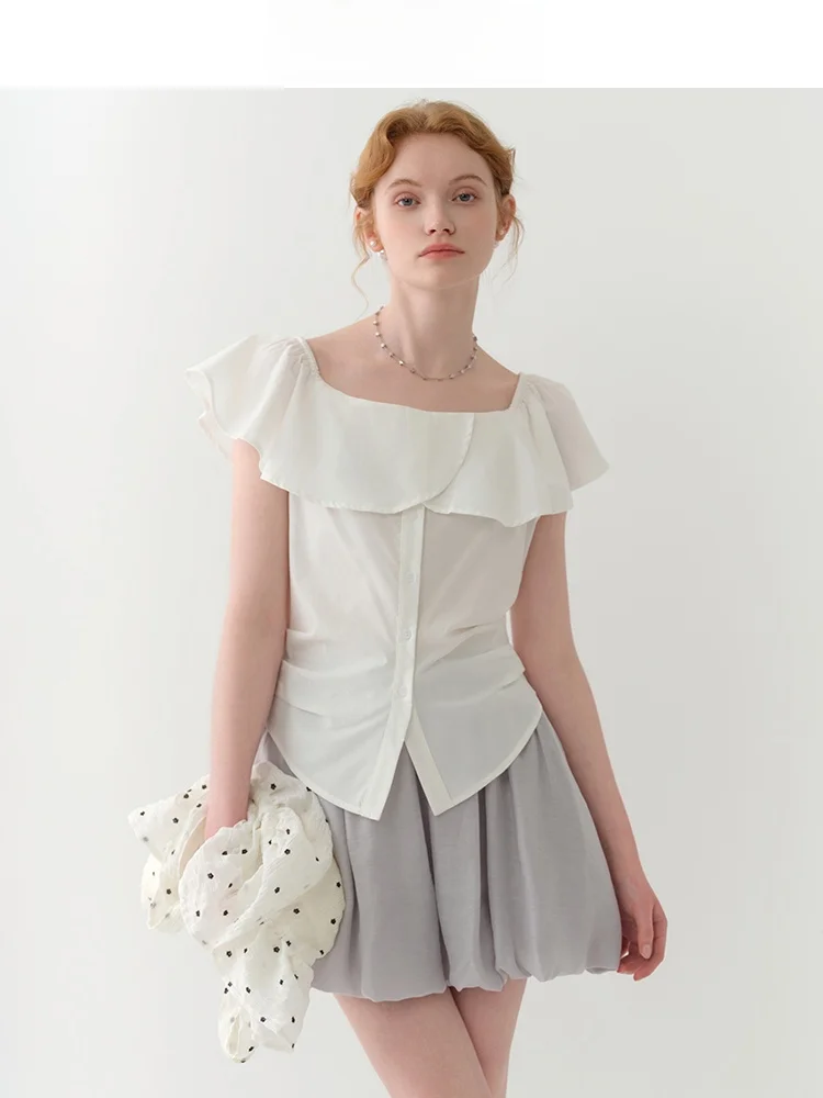 

Женская блузка Slim Fit с квадратным вырезом, летняя коллекция 2025, новинка, на одно плечо, с оборками по низу, из смесового хлопка и лиоцелла, в нежном стиле