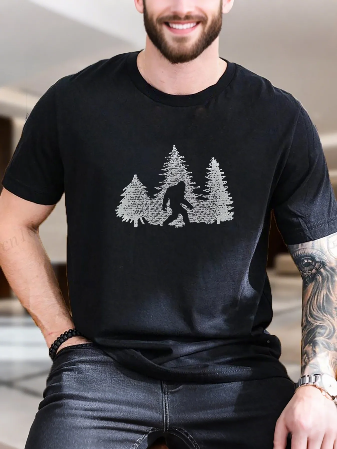 

Men's Cotton Printed T-Shirt - Silver Wire Three Trees Artistic Design, Breathable & Comfortable for Daily Casual Wear, Trendy S