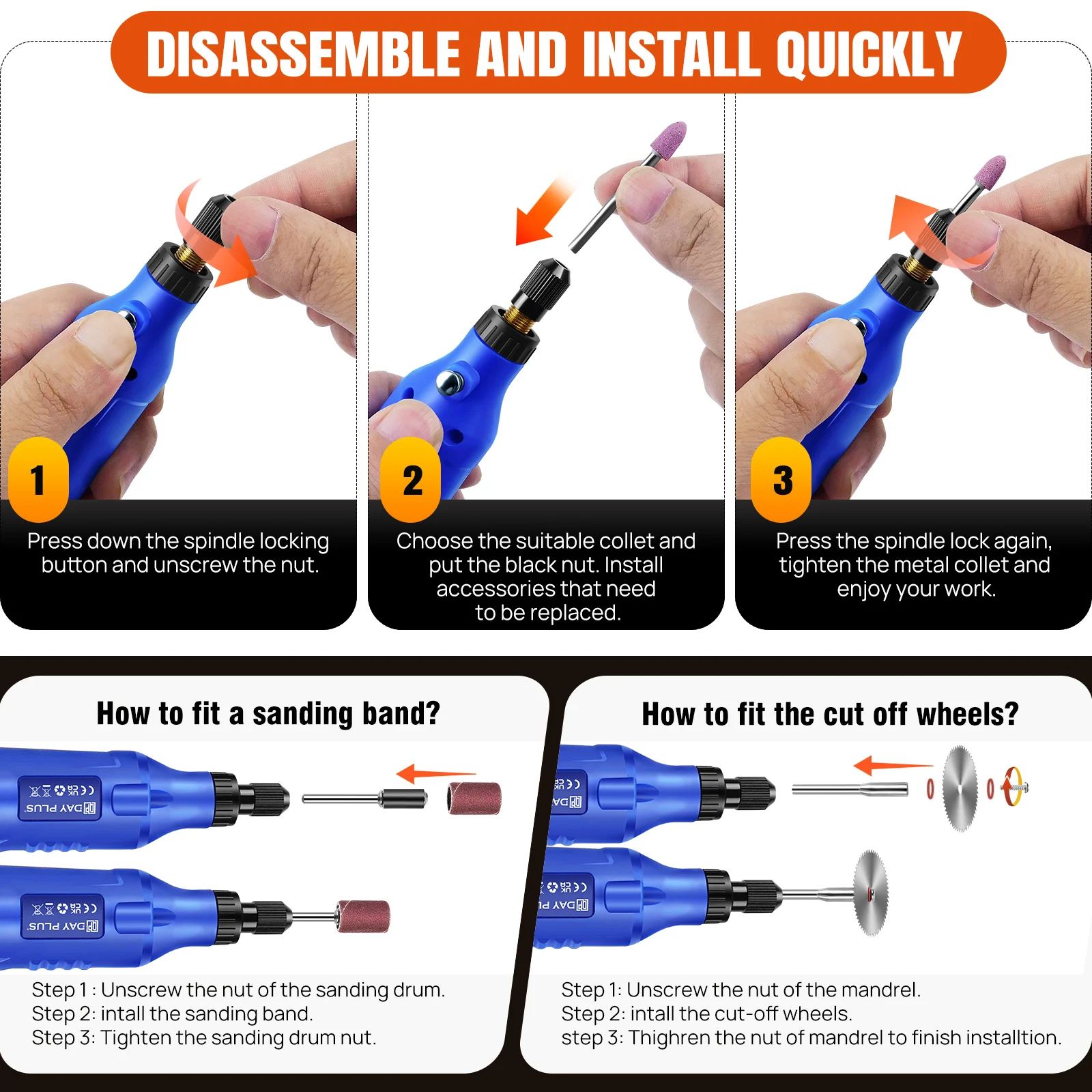 Картина 7: Мини-аккумуляторный вращающийся инструмент DayPlus, 1,5 Ач, 5 скоростей, 3000–18000 об/мин, 80 аксессуаров, для шлифования, полировки, сверления, травления, DIY