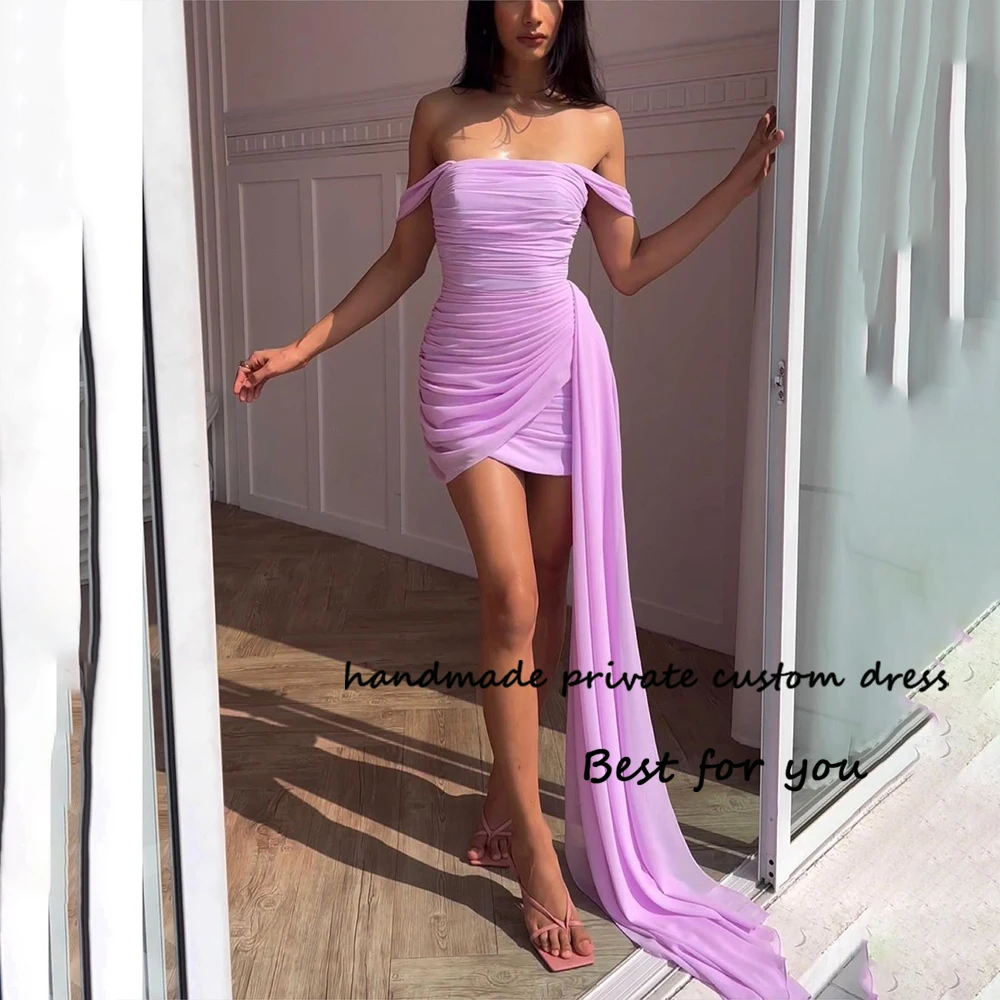 

Lavender Chiffon Short Prom Party Dresses Off Shoulder Strapless Cocktail Evening Dress with Train Beach Night Wear Outfits