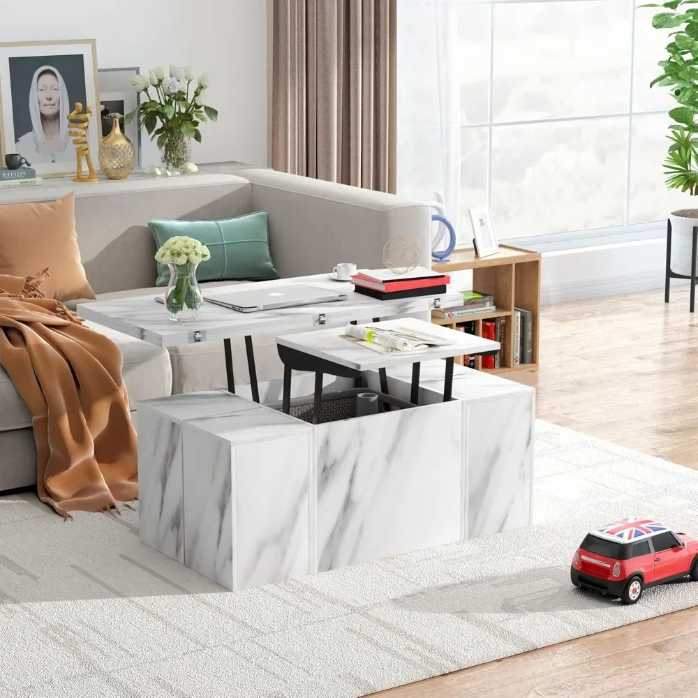 Coffee Table,White artificial marble lifting coffee table, multifunctional, 4 storage tables, modern living room coffee table