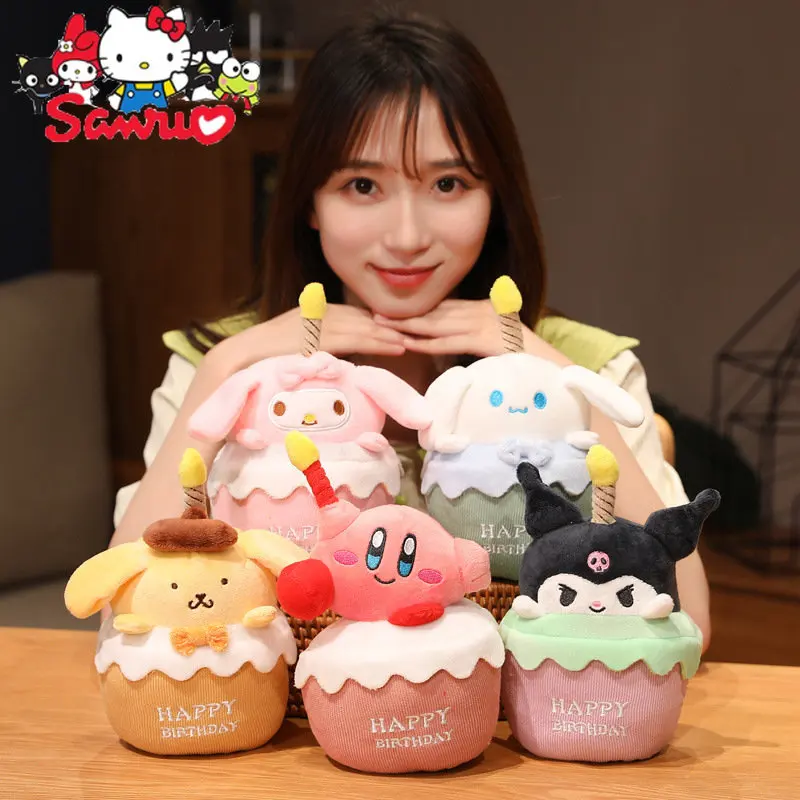 

Cartoon Birthday Cake Sanrio Melody Kuromi Hello Kitty Cinnamoroll Pochacco Doll with Musical KeyChain Birthday Present 20cm