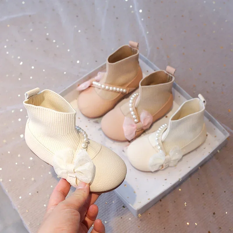 

Girls Princess Boots 2025 Autumn Winter Brand New PU Leather Lace Bow-knot Sweet Soft Kids Ankle Boots Socks Style Slip-on Soft
