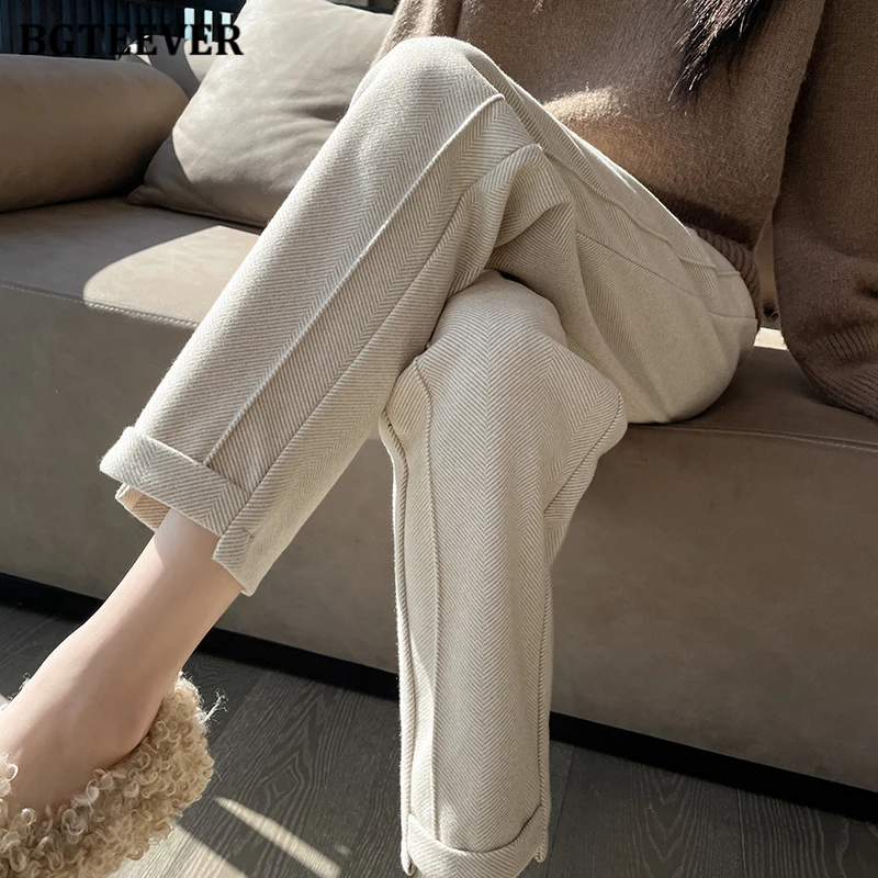 BGTEEVER Autumn Winter Woolen Pants Women Stylish High Waist Single Button Thicken Warm Striped Pencil Pants Ladies