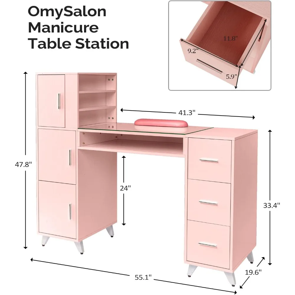 Nail Technician Nail Table with Glass Countertop and Armrests, Side Cabinet, Open Drawer Cabinet, Pink Beauty Salon Nail Table