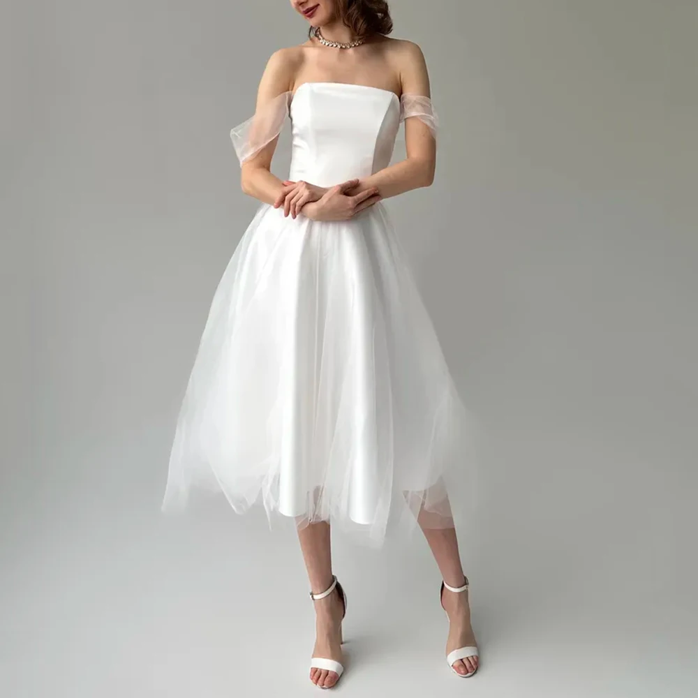 

Customized Wedding Dress Midi Off the Shoulder A Line Simple Wedding Gowns Short Tea Length Tulle Elegant Bridal Dresses 2026