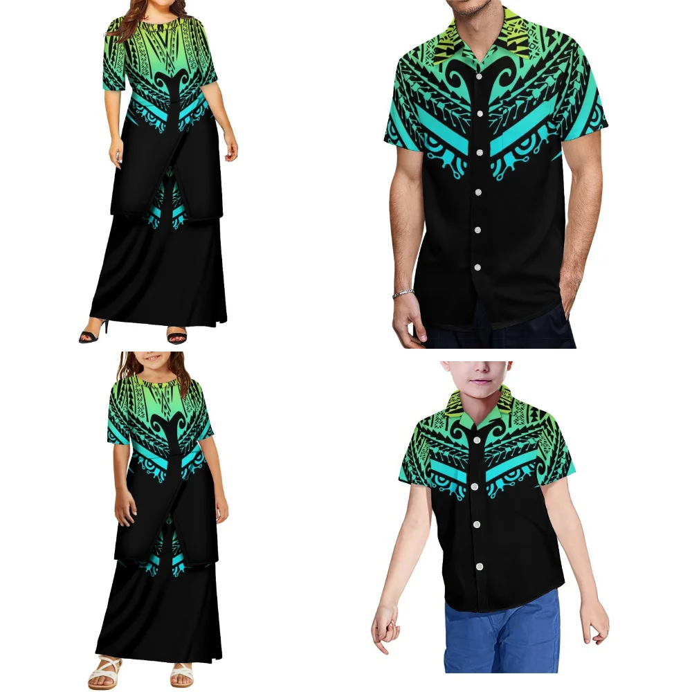 Letni zestaw dla rodziców i dzieci z okrągłym dekoltem, polinezyjski strój rodzinny, modny zestaw dla dorosłych, koszula chłopięca z własnym wzorem.