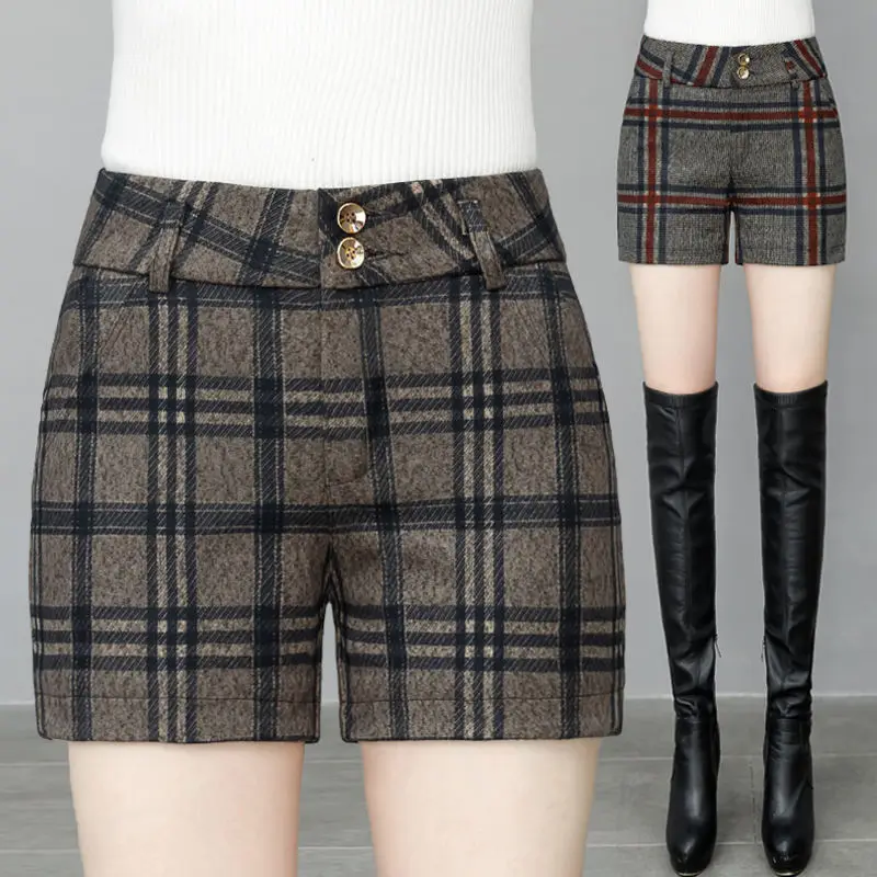 2024 New Leisure Casual Retro Shorts Pants Women Summer Slim High Waist All-Match  Zipper Short Wide Leg Plaid Shorts T523