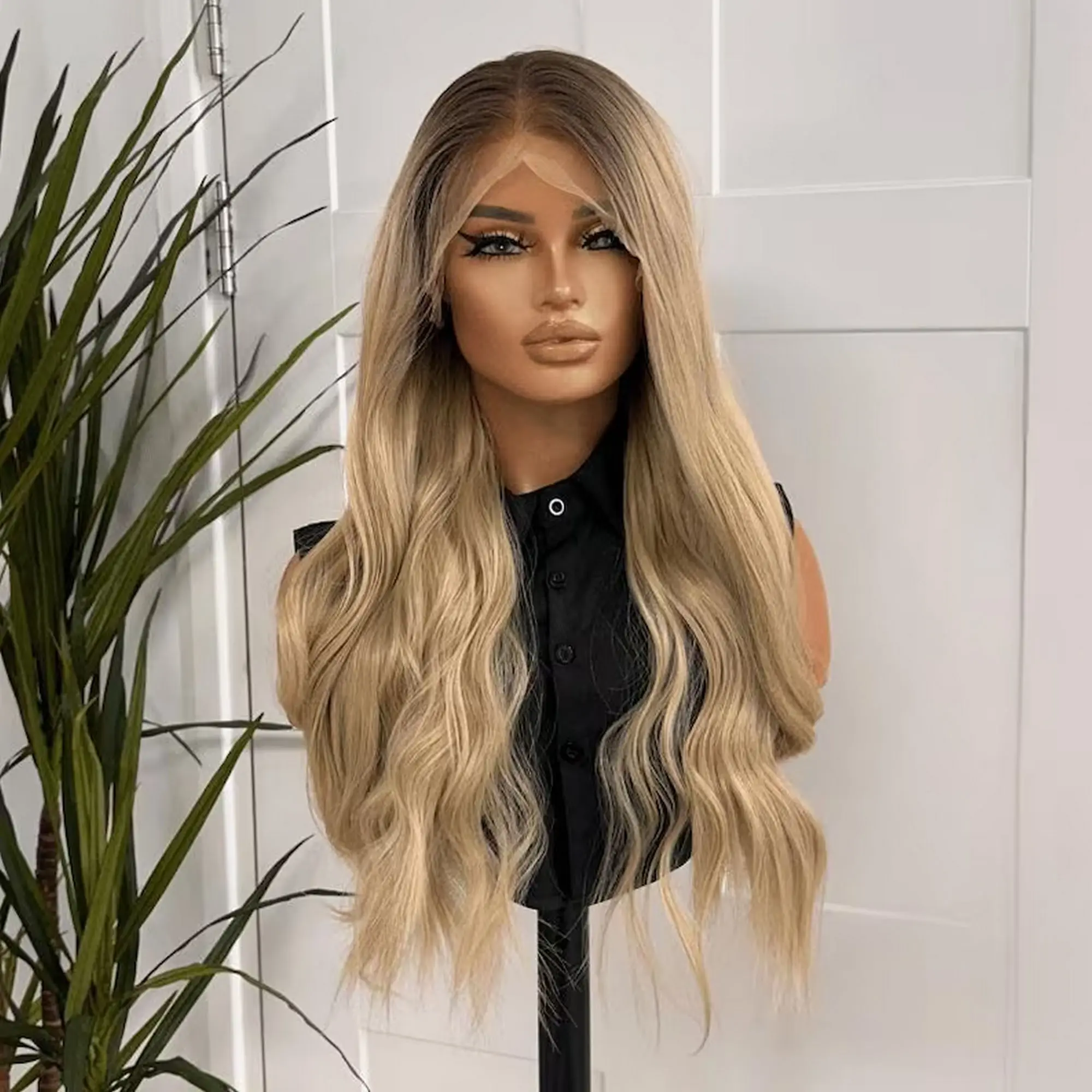 26 Inch Ombre Caramel Brown Long Body Wave HD Lace Front Synthetic Wig Soft Preplucked Realistic Hairline High Quality Women Wig