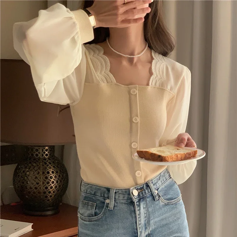 Women long Sleeve Tops Solid Color Knitwear spring Autumn Shirt splicing Sweater Women's fake two pieces Pullover sweet Sweaters