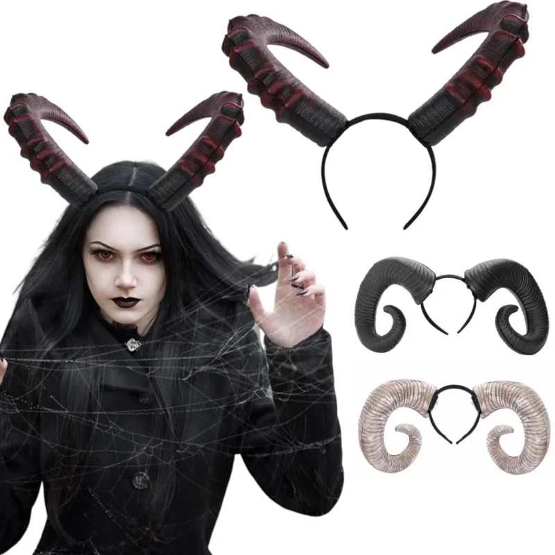 

Realistic Halloween Headwear with Black Red Devil Horn and Sheep for Gothic Cosplay Evil Demon Animal Horns Long Costume